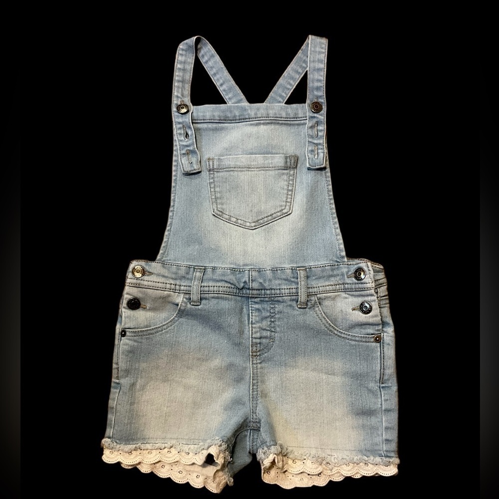 Denim Overalls Lace Trim light wash shorts girls